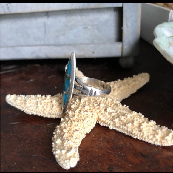 Blue Turquoise Inlay and Silver Ring Zuni Inlay Unisex Style 8.5 - Picture 4 of 9